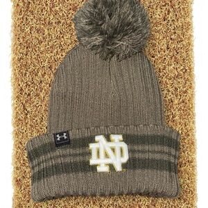 Under Armour Pom Beanie Hat - Olive Green Notre Dame Logo